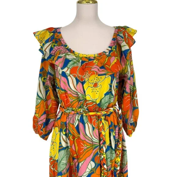 J. Crew Belted Dress Large Floral Tropical Ruffle Neck Midi Balloon Sleeve Retro - Picture 3 of 13